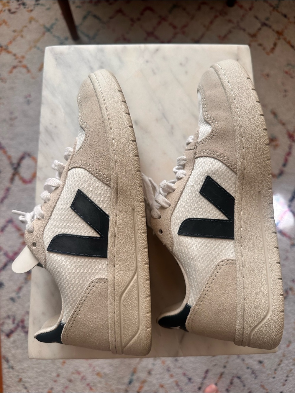 Veja V-10 Beige, White and Navy Athletic Sneakers